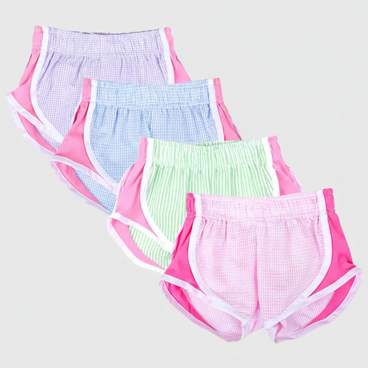 Summer Seersucker Color Block High Waist Athletic Shorts for Girls